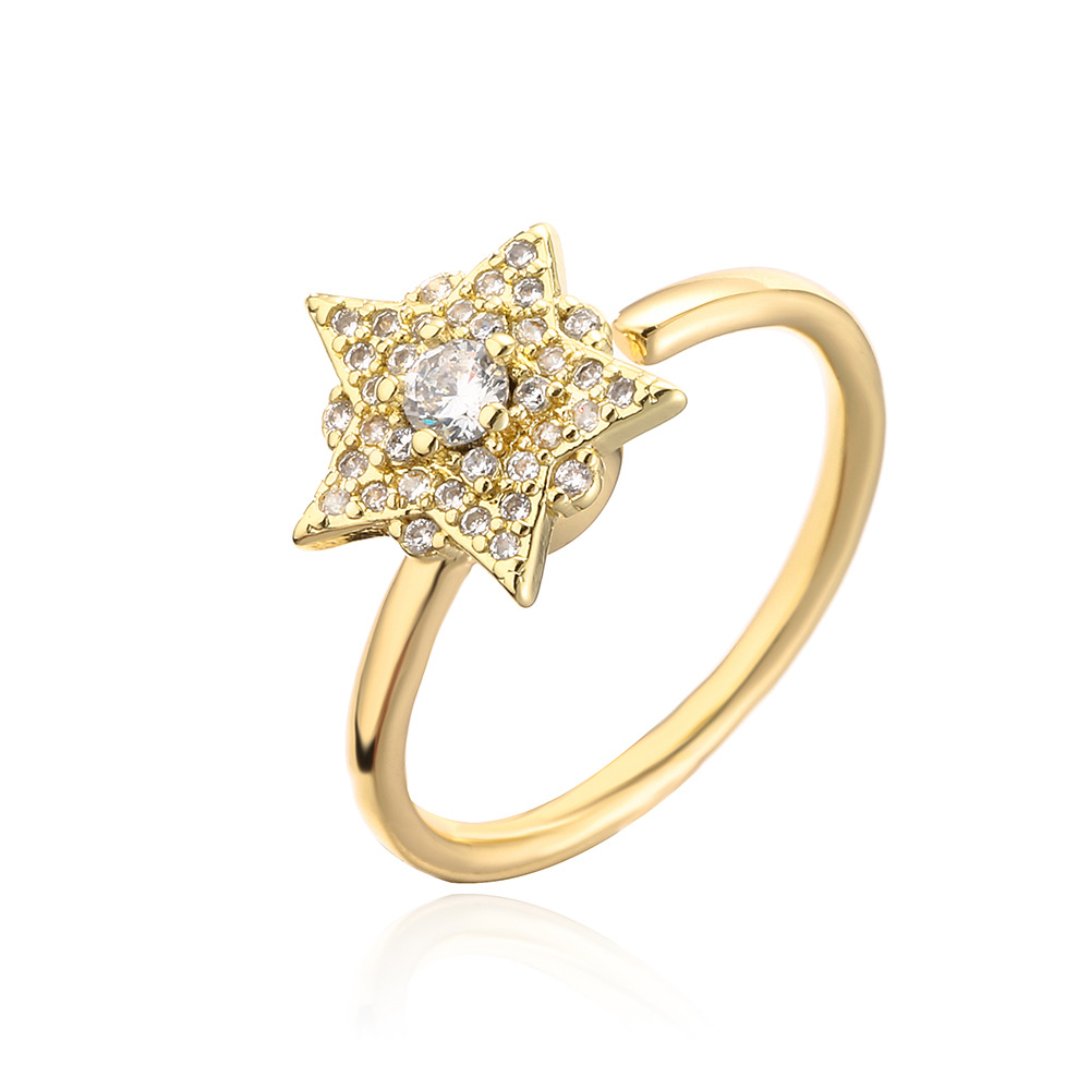 fashion copper-plated 18K gold zircon crown five-pointed star rotatable open ring