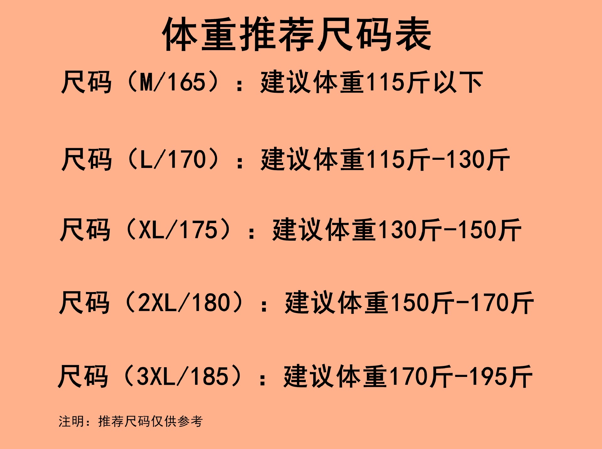 体重尺码推荐表