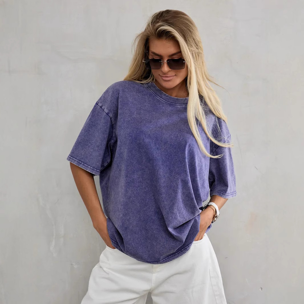 American Retro Distressed Washed Summer Mid-Length 100% Cotton Short-Sleeved T-Shirt Simple Personalized Wasteland Style Top