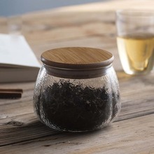 日式家用錘紋玻璃茶葉罐竹蓋小茶罐密封罐透明存茶罐小號功夫茶具
