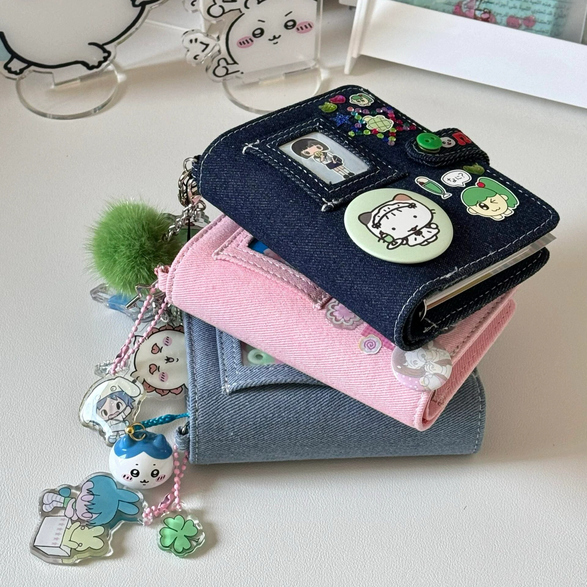 Denim pocketbook notebook Fuchsia, pocket card diary with tear-off pages, multi inner options