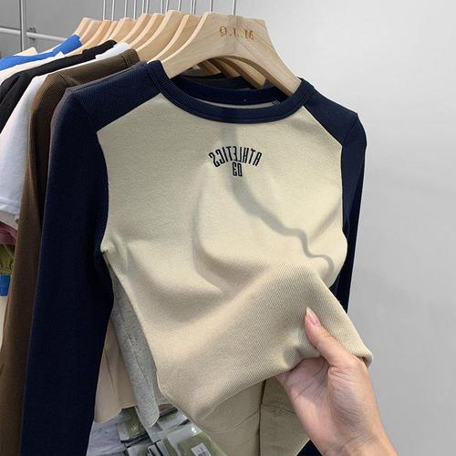 Round Neck Collar Splicing Long Sleeve T-Shirt for Women - Spring New Arrival Contrasting Color Fitted Base Shirt for Layering - Stylish Top