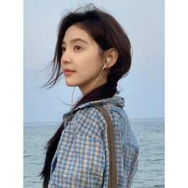 韩系蓝色格子衬衫上衣女章若楠同款早秋慵懒休闲宽松衬衣叠穿外套