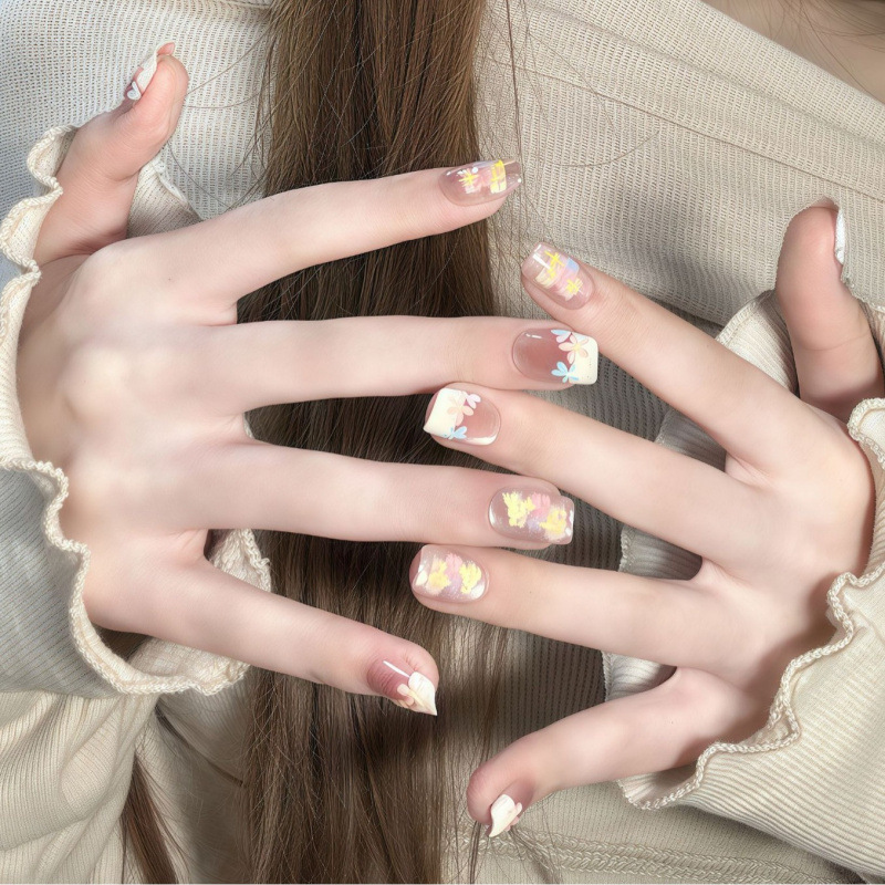 【Spring Day Oil Painting】Monet's Garden Short Nail Art with Colorful Clouds and Rainbow, Cat Eye Effect, Brightening Effect