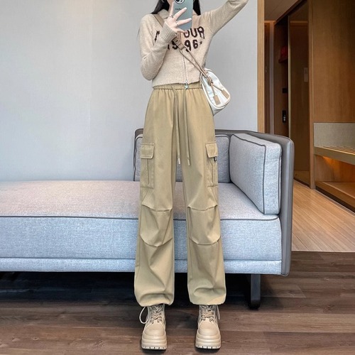 Women's Fall Comfortive Flowy Loose Straight Wide Leg Pant with Elastic Waist Ankle Leisure American Sport Pants