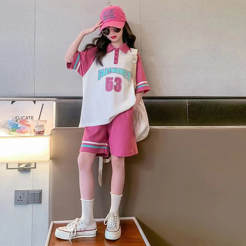 Girls short-sleeved suit summer  new style Western-style Korean style sports and leisure children's summer two-piece set for middle-aged and older children