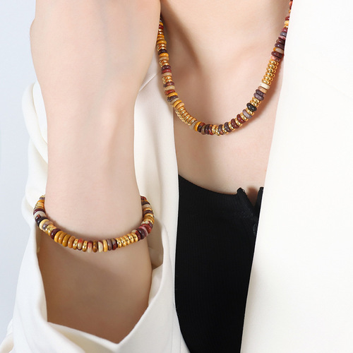 Handmade Bead Necklace Set with Natural Multicolored Stone Beads, Ethnic Style, Retro Fashion, Personalized Bracelet and Jewelry Set