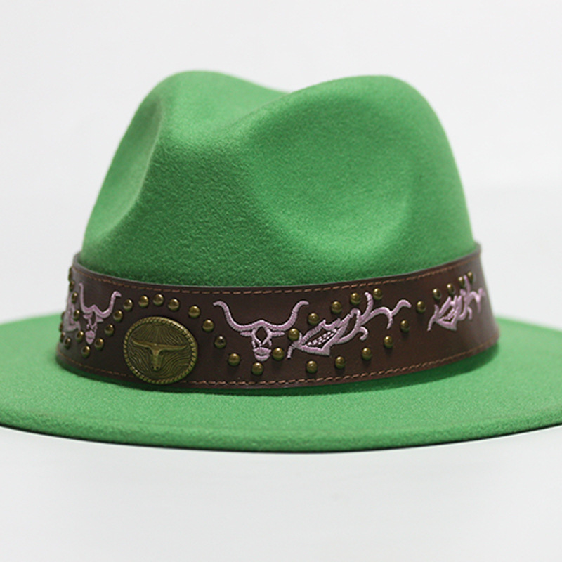 Nuevo sombrero Pu Correa remachada sombrero con sombrero vaquero de piedra elástica sombrero de fieltro cinturón de tejido modelo Pu sombrero con accesorios