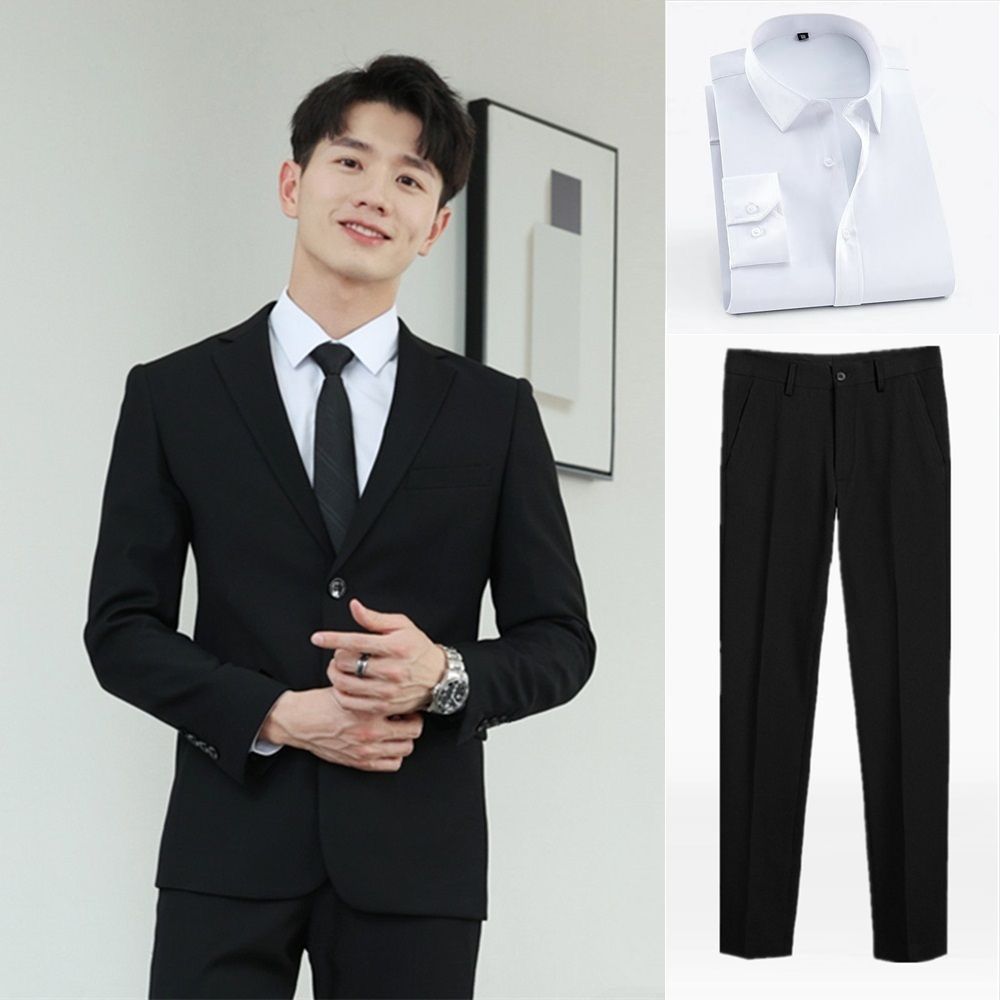 (3종세트) 검은색 양복 + 검은색 바지 + 흰색 셔츠와 넥타이