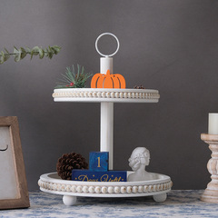 美式雙層木珠托盤 復活節裝飾層架置物架 圓形木質蛋糕架甜品台