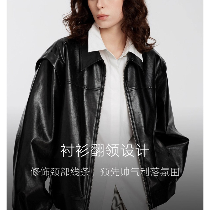 2025秋季新款式摩登高级感皮夹克女短款工装风时尚气质双色外套|undefined