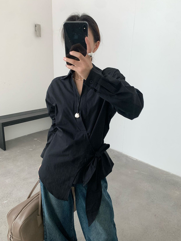 THINK十三行韩系侧系带设计感衬衫女2025秋通勤气质小众长袖上衣|undefined
