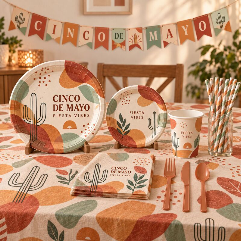 Mexican Cinco De Mayo Party Tableware Set Warm Orange Cactus Disposable Paper Plates and Cups Set