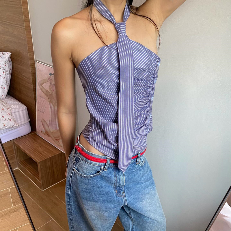 Ins Independent Station 2024 Summer New Fashion Irregular Stripe Printed Tie Design Hanging Neck Small Vest for Women