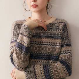 秋冬新款圆领电脑提花加厚山羊绒女宽松复古拼色时尚百搭毛衣