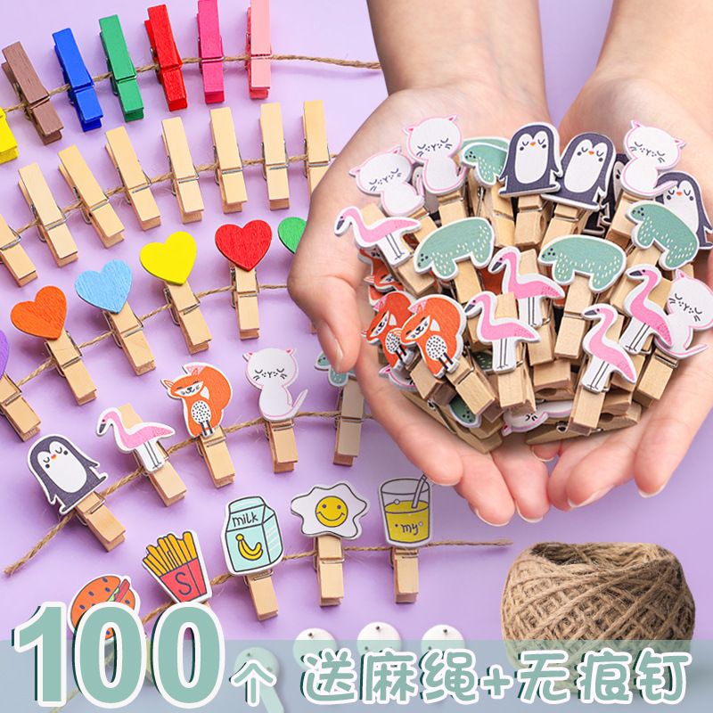 Color Wooden Photo Clip diy Love Small Clip Photo Wall Combination Wall Hanging Cartoon ins Wind Hemp Rope Photo Clip