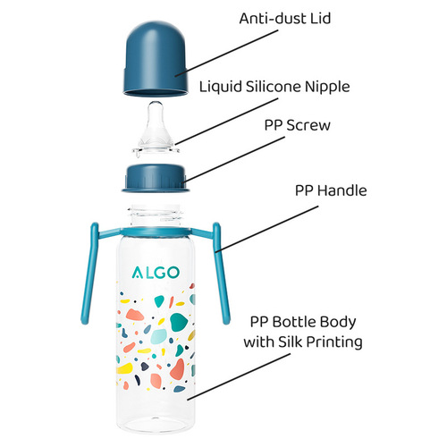 ALGO New Model PP Bottle with Colorful Drawing on the Mouthpiece, Straight Body with Handle, 120/240ml Newborn Baby Bottle for Mother and Baby Products