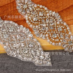 European and American Bridal Belt for Women, Wedding Dress Waist Cincher, Cross-Border Hand-Sewn Universal Floral Silver and Gold Belt, Ball Gown with Rhinestones and Sparkling Diamonds