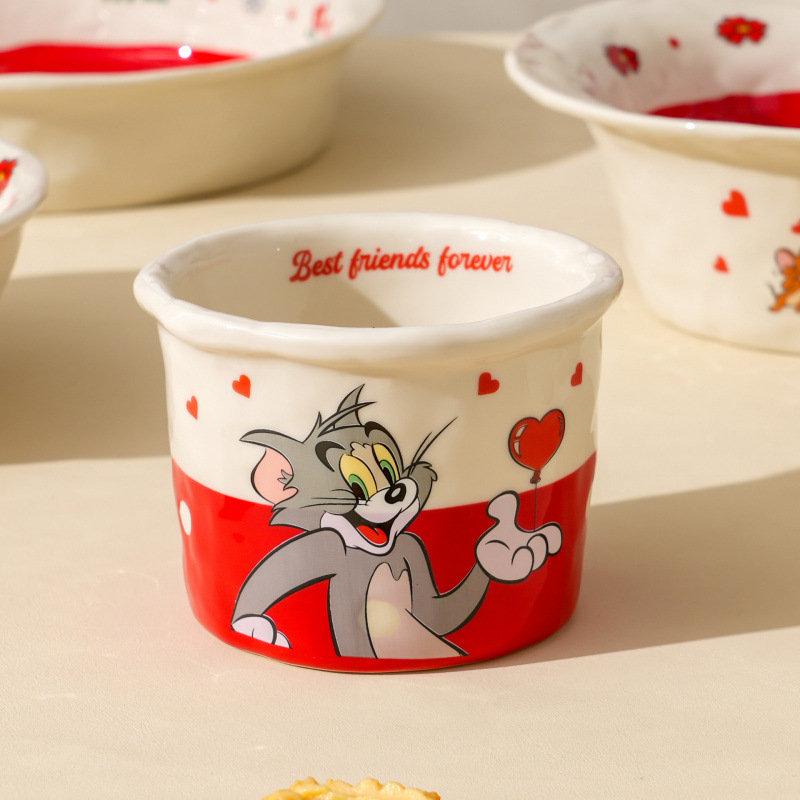 Gato y ratón dibujos animados lindo tazón y platos combinación casera de alta cara cubierta de platos de fiesta caja de regalo