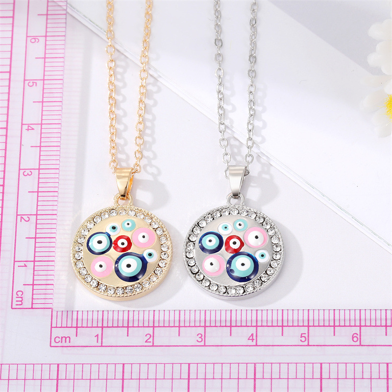 fashion multiple color eye alloy diamond round pendant clavicle chain