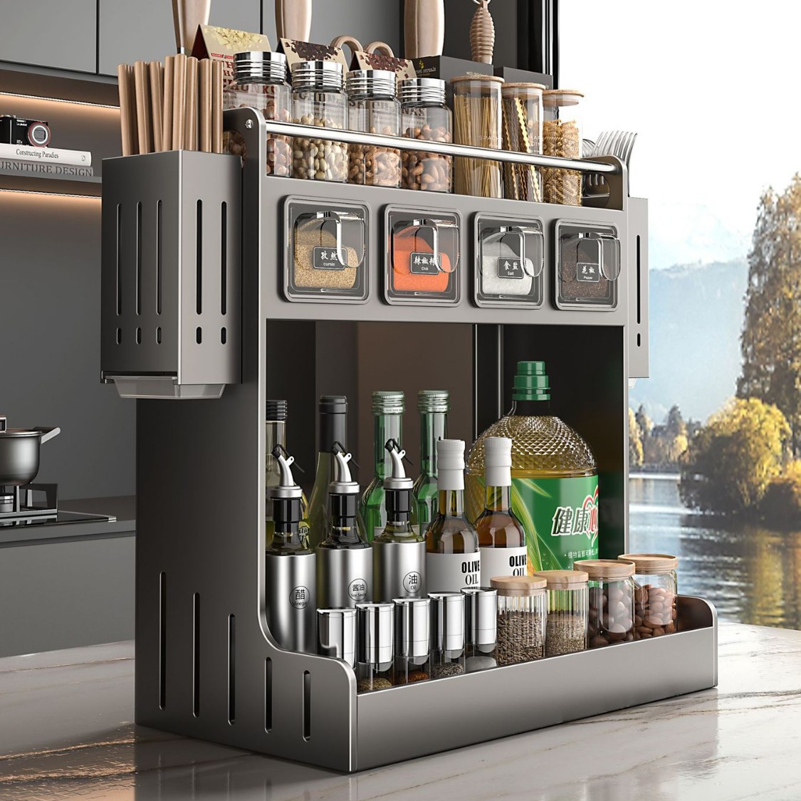 New Kitchen Multi-Functional Household Spice Storage Rack Chopsticks Knife Holder Countertop Condiments Condiments Kitchen Utensil Storage Rack