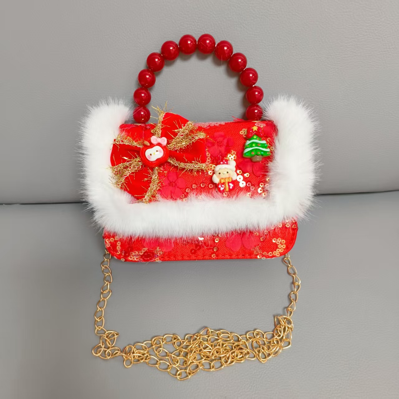 Gran bolso de perla de arco rojo, Santa Claus, bolso de Año Nuevo, cartera de Año Nuevo, hombro, pequeño viento fragante