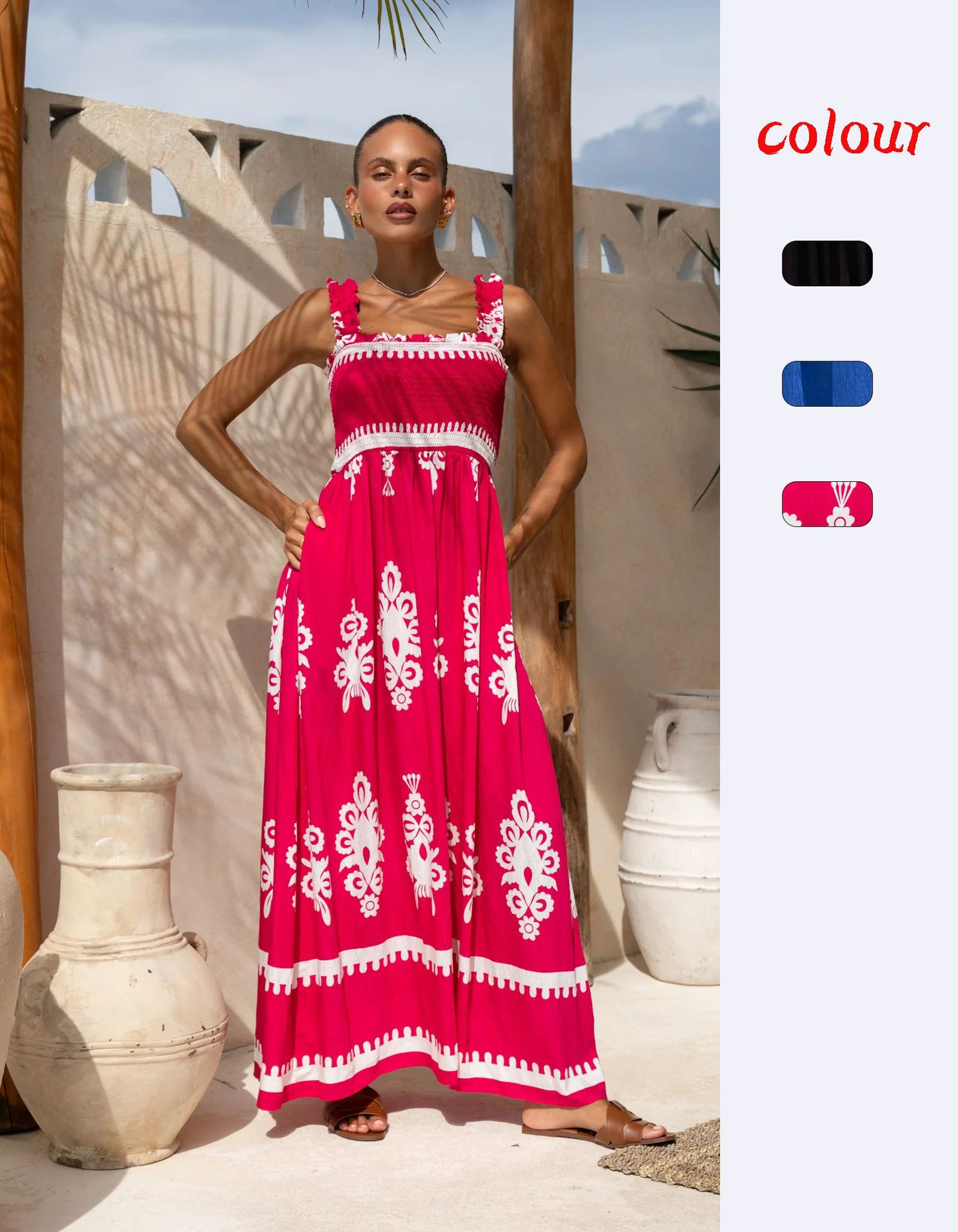 364g Weight Maxi Long Dress Dress Length Type Sleeveless Sleeve Length Strap Dress Dresses Type Polyester Fabric Type High Waist Waist Line Holiday Occasion Strap Neckline Loose Fit Type Printing Pattern 2025 Spring and Summer Season Women's Gender Elegant, Vacation Style Wholesale Women's Elegant Vacation Printing Holiday Strap Sleeveless Strap Dress 无