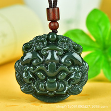 新疆和田玉青玉仿古兽头吊坠男女款寿牌玉石黑青玉项坠挂件玉挂坠