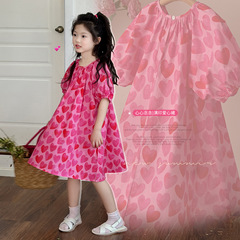 Floral Girl's Love Summer Dress Children's 2024 Sweet Summer New Dress Trendy Baby Princess Dress