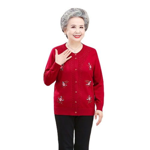 Middle-aged and elderly autumn thin knitted cardigan women's 50 and 60-year-old mother's woolen sweater tops spring and autumn grandma coat
