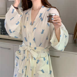 实拍2023秋季新款棉纱睡袍女卡通熊宽松长袖睡衣浴袍家居服女批发