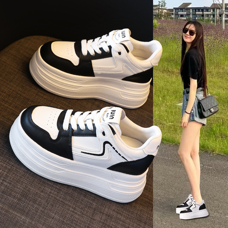 Giày sneaker nữ đế xuồng 8cm tăng chiều cao phong cách đa năng — đen