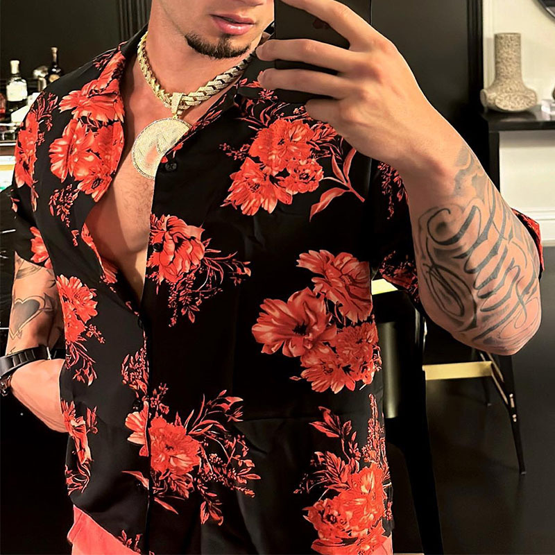 Spring fashion loose fitting men's short sleeved street flower printed casual shirt_voghion.com