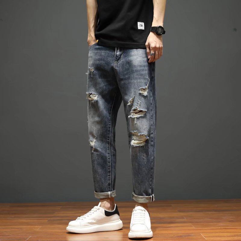2023 Ripped Jeans for Men, Summer, Skinny Cotton Denim Pants, Trendy Hip Hop Style, Casual and Versatile Men's Trousers