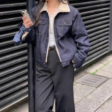 冬季加绒加厚宽松保暖机车服夹克上衣潮复古工装风毛领牛仔外套女