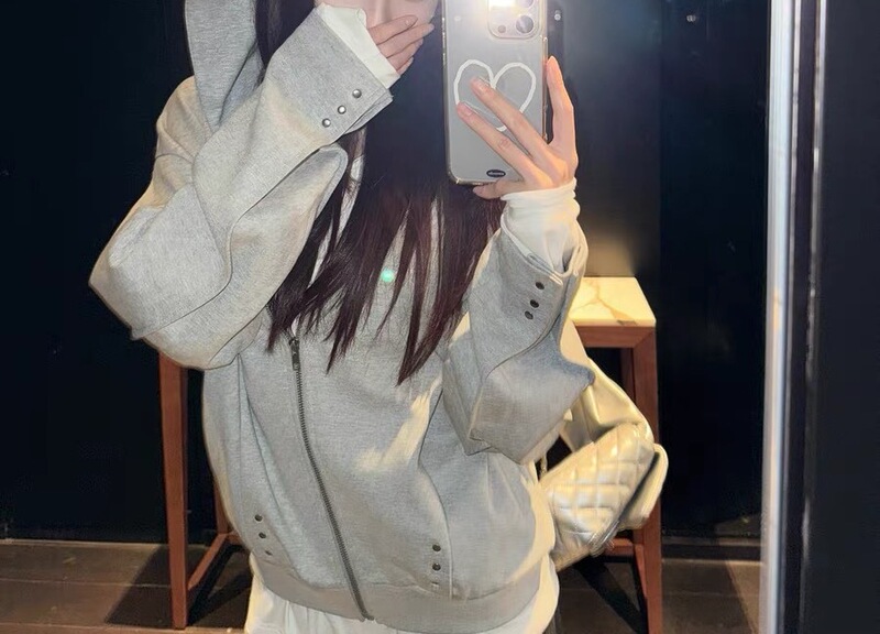 SUNONEON 设计感铆钉宽松连帽卫衣外套女早秋季新美式开衫衣|undefined