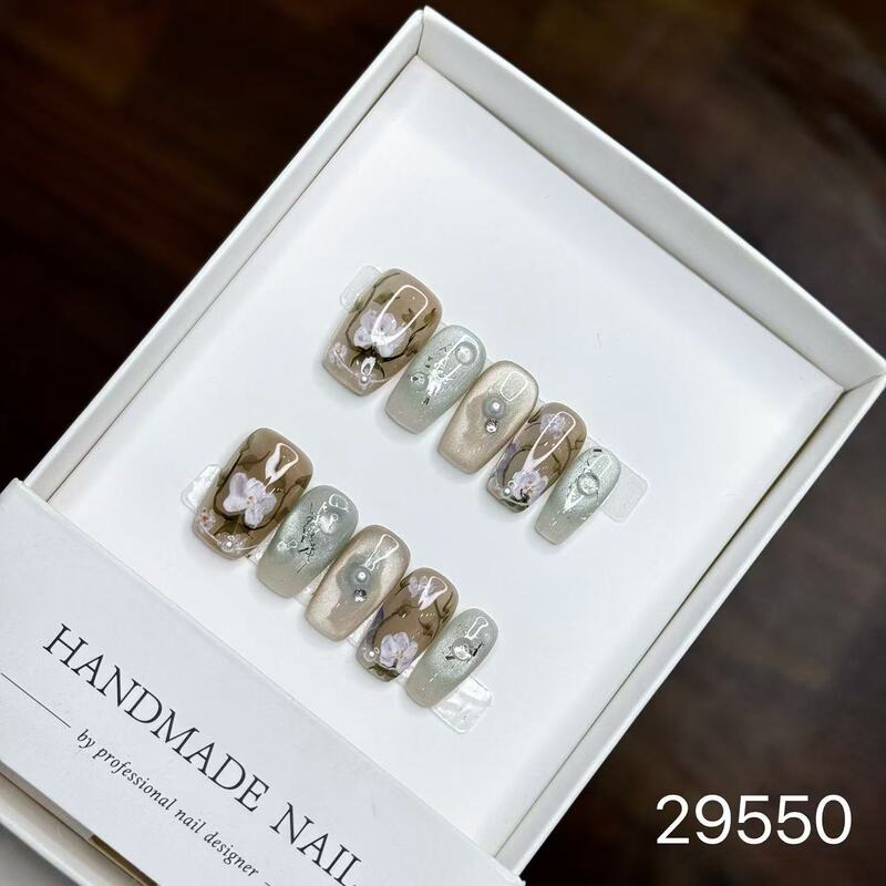 【純手作りのつけ爪29-32】ロングフレンチキャットアイパッチ付け爪、取り外し可能なネイルアートコレクション|undefined
