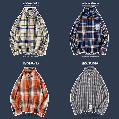 Spring and Autumn Shirt Men Korean Style Trendy Casual Loose Long-Sleeved Shirt Hong Kong Style Versatile Couple Retro Plaid Coat 
