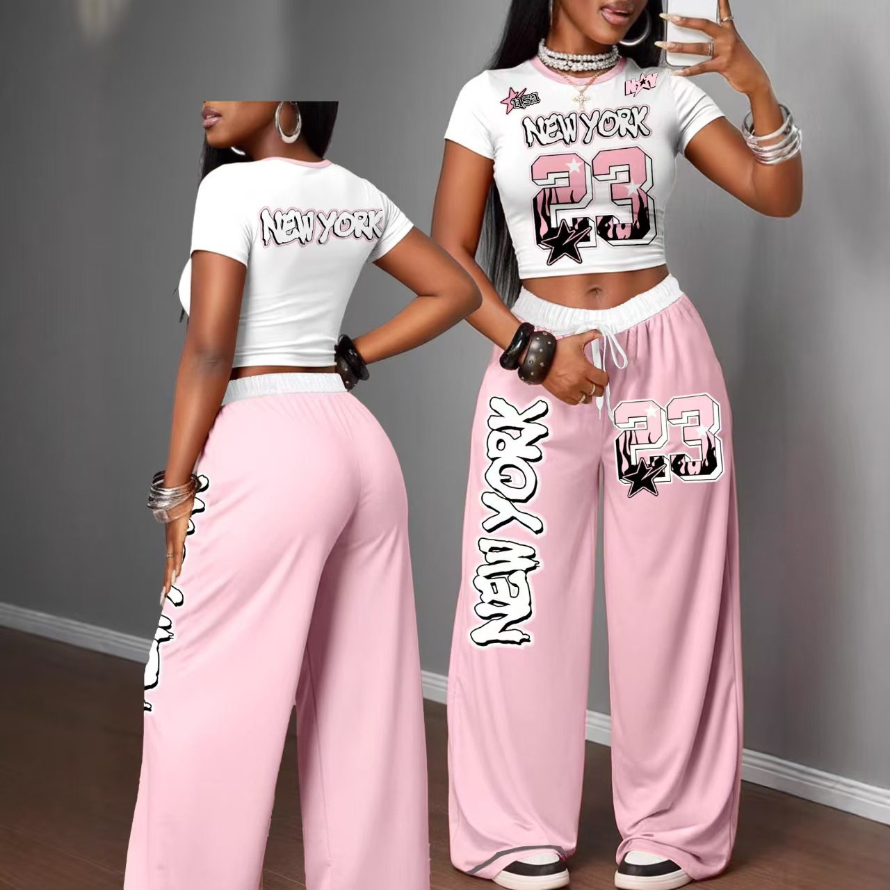 Completo due pezzi donna crop top stampato e pantaloni ampi_voghion.com