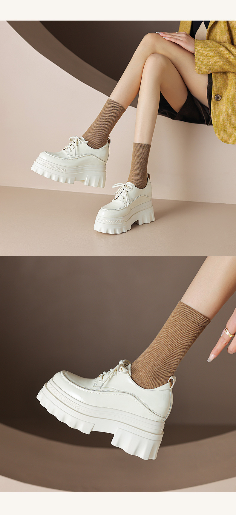 Giày loafer nữ đế xuồng cao gót 10cm, mũi tròn dây buộc, phong cách trẻ trung — màu be chi tiết 9