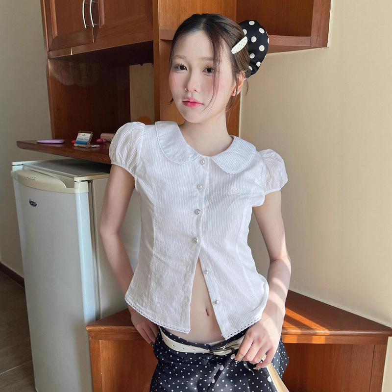 Sweet and Cute Doll Collar Puff Sleeve Shirt with Pearl Buttons, Solid Color Short Cardigan, Niche Style Sheer Blouse Top