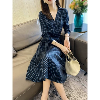 设计感v领长袖波点连衣裙女秋季2026新款高级感收腰显瘦中长a字裙