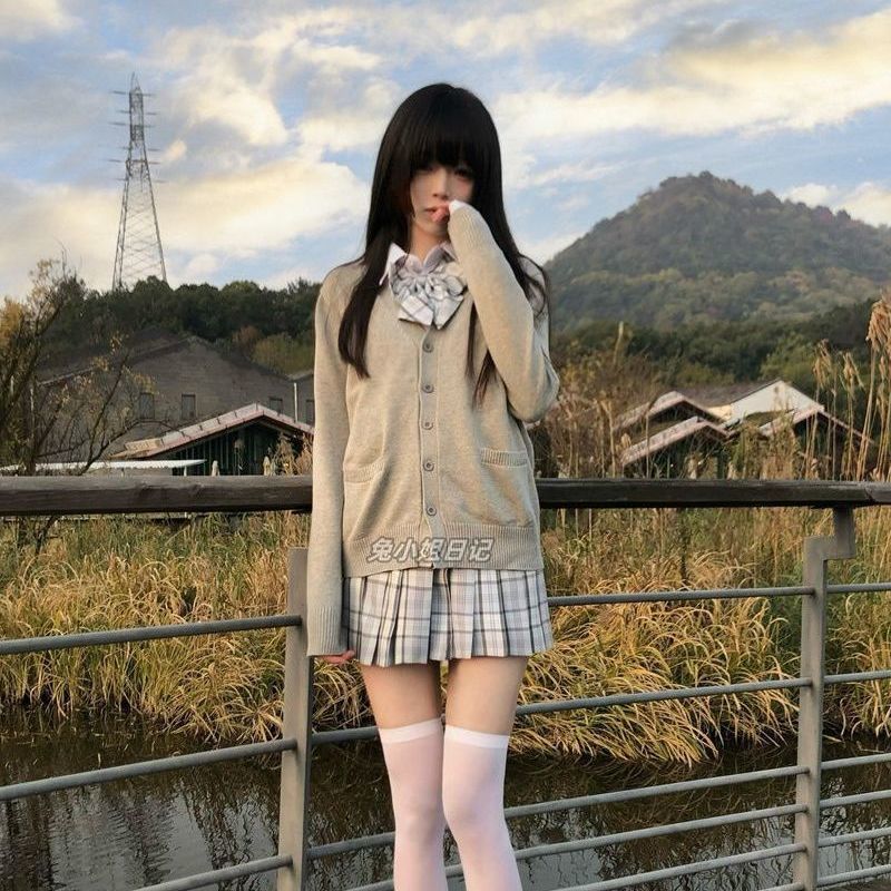 대학 스타일 가을과 겨울 원래 단색 스웨터 코트 쌓인 JK 유니폼 니트 카디건 일본식 워터 격자 원피스 세트