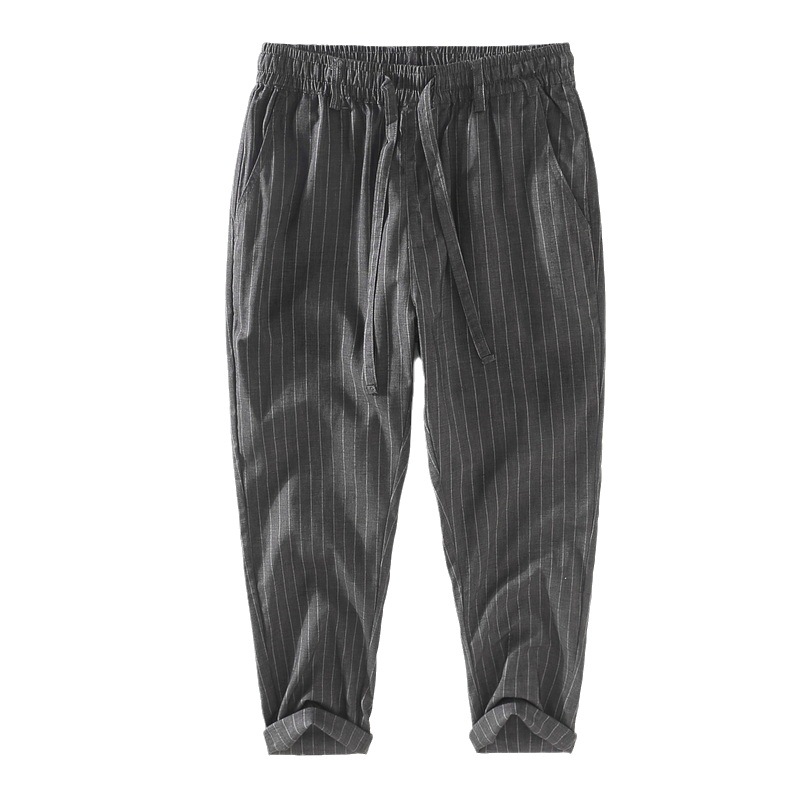 Pantaloni scurți din in pentru bărbați, de primăvară și vară, subțiri, casual, cu dungi, talie elastică, legați, pantaloni din in_voghion.com