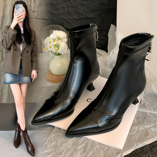 691-2 French Pointed Toe Bare Boots Stretch Thin Boots Widened Thick Leg Large Tube Martin Boots High Heel Fashion Ankle Boots