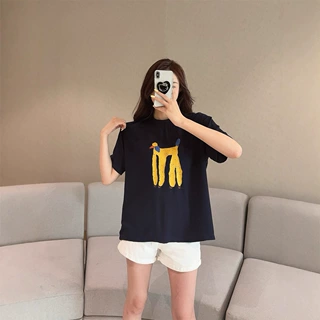 2025新款夏季时尚韩版宽松印花舒适棉绸短袖T恤宽松休闲上衣圆领