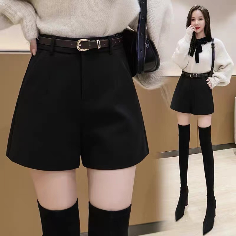 캐주얼 세트 반바지 여성용 와이드 레그 바지는 가을과 겨울을위한 하이 웨이스트 루즈 아웃웨어 유행 모직 A 자형 블랙 부츠 바지