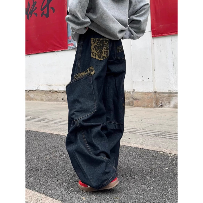 【广州新塘牛仔】复古豹纹拼接大口袋弯刀牛仔裤女夏季新款阔腿长|undefined
