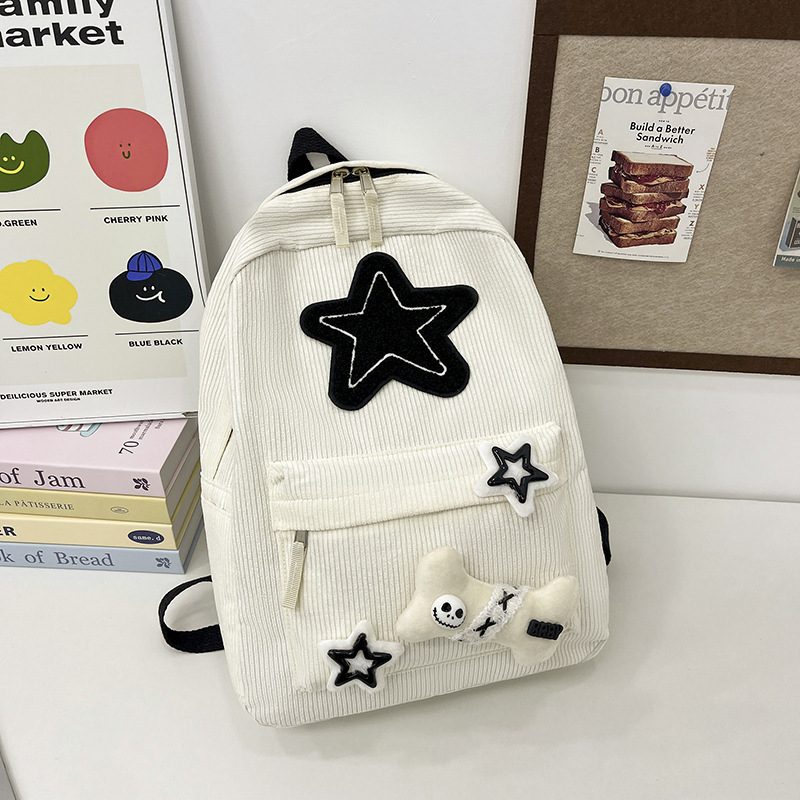 Star Schoolbag Female Japanese Style Ins Corduroy Large Capacity Preppy Style Backpack Junior High School Student Backpack New Style