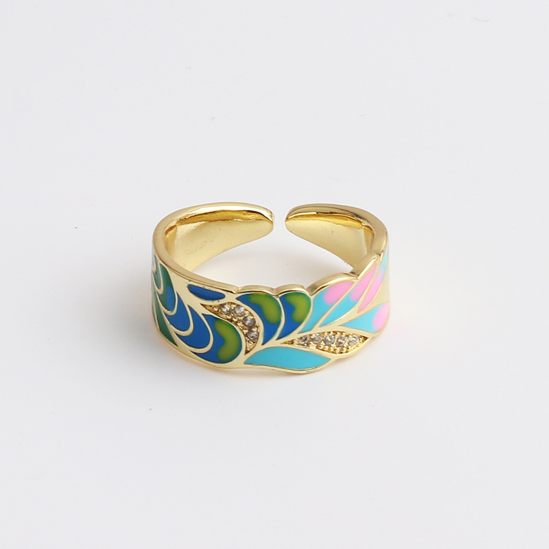 Color Block Pattern Retro Color Block Copper Open Ring Inlay Zircon Copper Rings